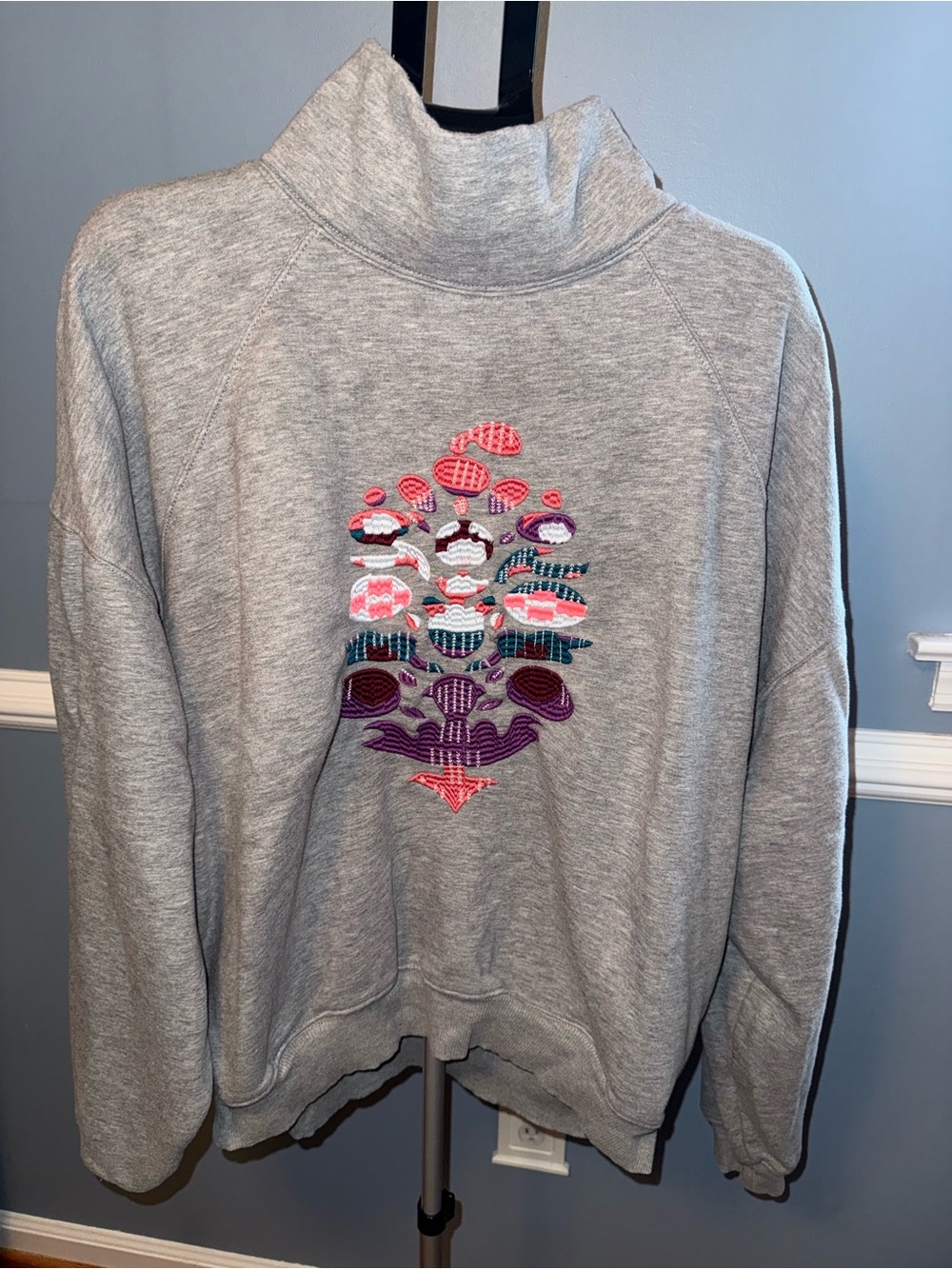 Free People FP Movement Embroidered Cowl Neck Sweatshirt Gray XL